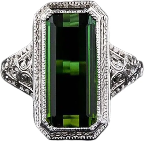 Vista 6 de ChenFeng Anillo de plata 925 hecho a mano con corte baguette con piedra esmeralda verde simulada para hombre y mujer (9)