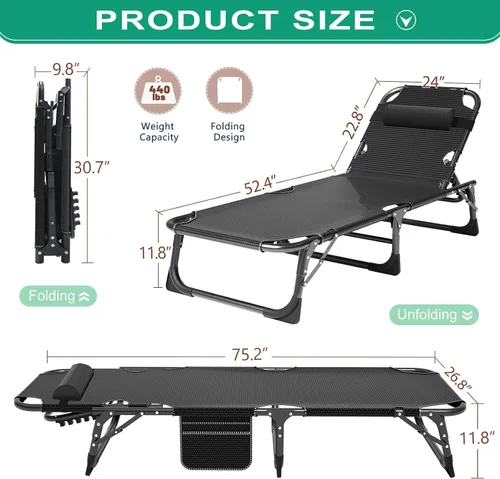 Vista 3 de NAIZEA Sillón plegable, cuna plegable 3 en 1 con colchón, silla reclinable de 4 posiciones para patio, reclinable ajustable para exteriores
