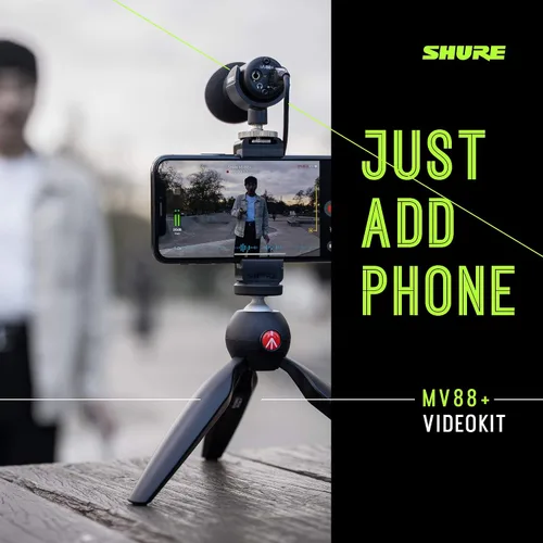 Vista 4 de Kit de video Shure MV88+ - Micrófono condensador estéreo digital para Apple y Android, con trípode Manfrotto PIXI, pinza para teléfono, montaje