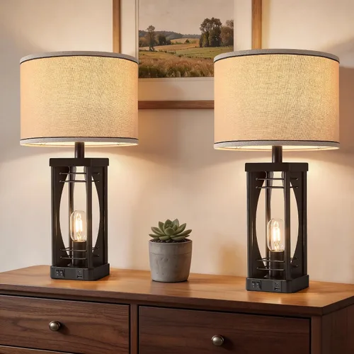 Vista 6 de SRJJA Juego de 2 lámparas de mesa de granja para sala de estar, lámparas rústicas de mesita de noche con puertos de carga USB A+C, lámpara de noche