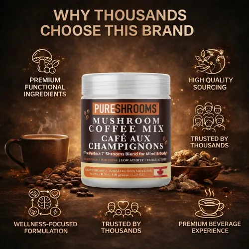 Vista 7 de PureShrooms Perfect 7 - Café de hongos – Arábica instantánea de origen único con melena de león orgánica, Reishi y Cordyceps – Bebida