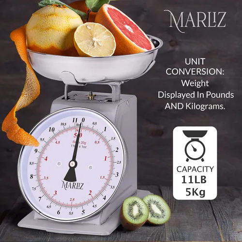 Vista 4 de MARLIZ Báscula de cocina mecánica de estilo antiguo antiguo de 11 libras con 2 tazones Báscula analógica de alimentos para cocina Gris