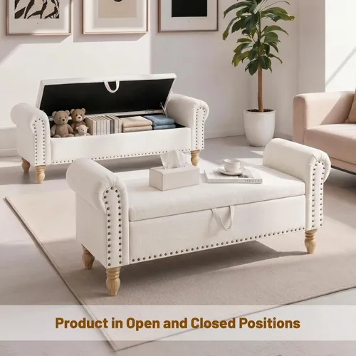 Vista 3 de Banco otomano tapizado de lino de 55 pulgadas con brazos enrollados para dormitorio, color beige