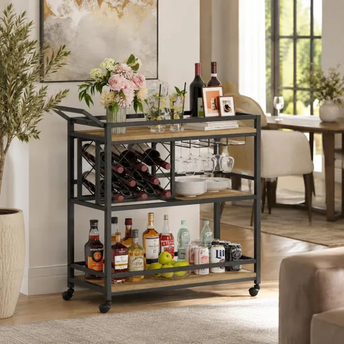Vista 7 de FATORRI Carrito de bar para el hogar, carritos de vino rodantes sobre ruedas con estantes de madera de 3 niveles, carrito de bebidas de licor