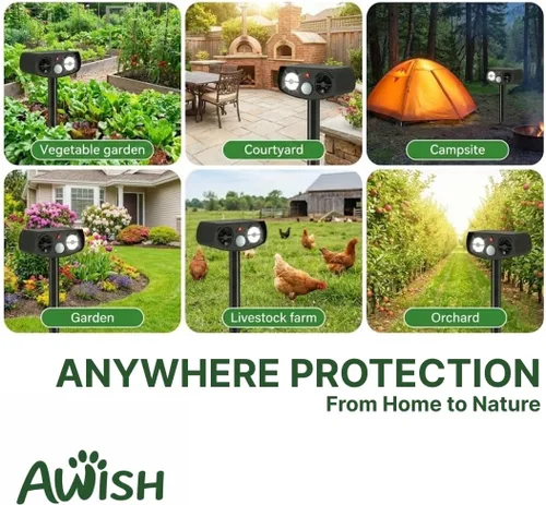 Vista 7 de AWISH Repelente solar ultrasónico de animales, dispositivo disuasorio de animales al aire libre, activado por movimiento, resistente a