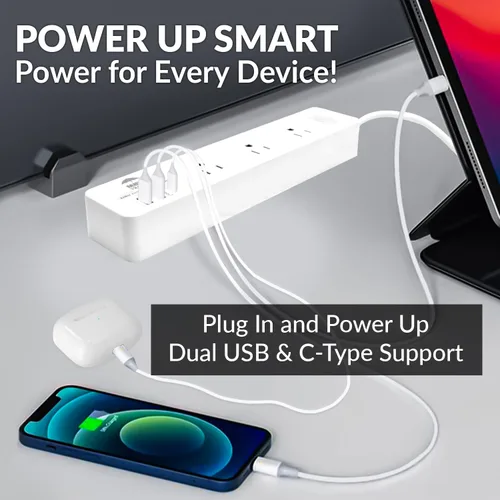 Vista 6 de WBM Smart Regleta de alimentación de 5.9 pies y 10 A, enchufe de cable de extensión con 2 puertos USB y 1 enchufe tipo C, certificado ETL, extensor