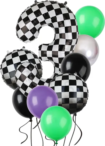 Vista 7 de Paquete de globos de auto de carreras azul y negro de 40 pulgadas, globo de números a cuadros 2 en blanco y negro, globos de látex para niños, dos