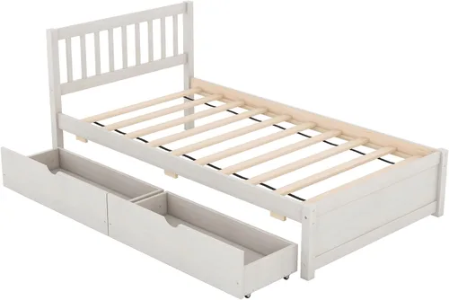 Vista 7 de HomSof Cama de plataforma de madera de diseño moderno con cabecero y 2 cajones, color blanco