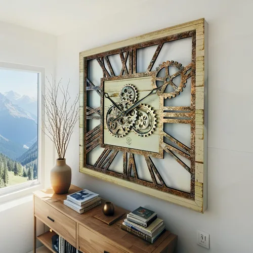 Vista 4 de ImprovingLife The Gears Clock Reloj de Pared Cuadrado de 24 Pulgadas con Engranajes Reales en Movimiento, Estilo Vintage Industrial de Gran