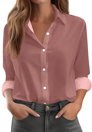 Vista 18 de Camisetas de San Valentín para mujer, camisas con botones, blusas de corazón, elegantes, informales, cuello de solapa, manga larga, suave, cómoda