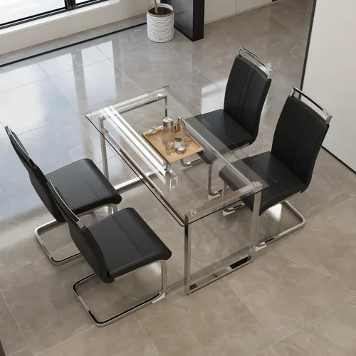 Vista 3 de Conjunto de mesa de comedor de vidrio Hilknen para 4, juego de mesa de comedor rectangular moderno para 4, juego de mesa de cocina de 51' de plata