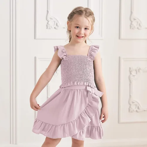 Vista 2 de CARETOO Conjunto de falda para niña, 2 piezas, vestido de verano sin mangas, parte superior con volantes, estampado floral, ropa para niños grandes