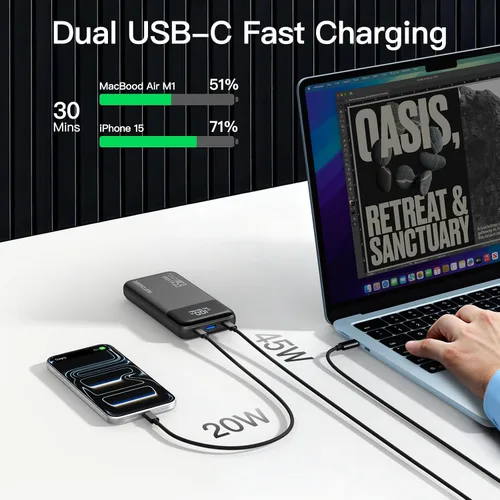 Vista 4 de Banco de energía cargador portátil para laptop 2025, 26800mAh 65W compacto USB C banco de energía para laptop, PD QC carga rápida paquete de batería