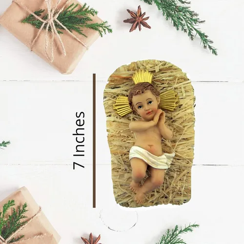 Vista 3 de Niño Jesucristo en cuna 2 piezas de resina de Navidad estatua de natividad, 7 pulgadas