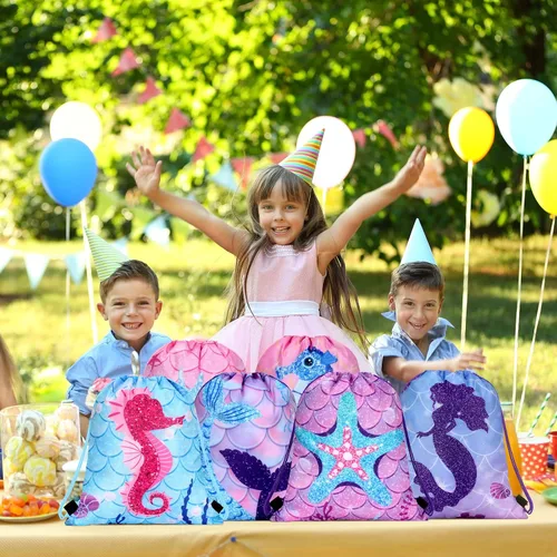 Vista 6 de 16 bolsas de regalo de fiesta de sirena, bolsas de regalo con cordón para fiesta de sirena, bolsas de regalo bajo el mar del océano, bolsas