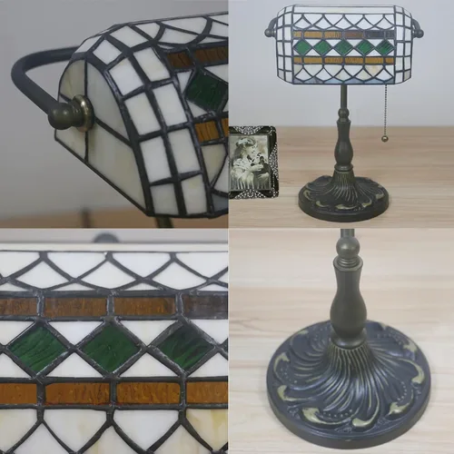 Vista 5 de Lámpara de mesa de banquero de cristal mediterráneo azul y verde de 10 pulgadas, estilo Tiffany antiguo, lámpara de decoración de escritorio