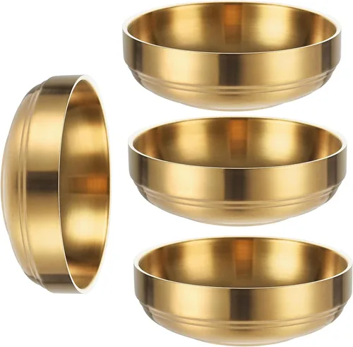 Vista 8 de Paquete de 4 platos dorados de acero inoxidable para salsa de soja, cuencos de inmersión de doble cubierta, cuencos pequeños para condimentos, mini