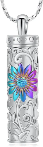 Vista 13 de Imrsanl Collar de urna de cremación cilíndrica para cenizas, urna de girasol, collar con colgante para hombres y mujeres, joyería conmemorativa