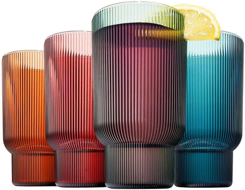 Vista 10 de Juego de 4 vasos altos de acrílico inastillables, estilo europeo, aptos para lavavajillas, acanalados, juego de 4, tritán estriado, plástico Naranja