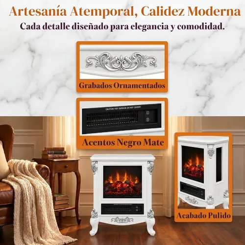Vista 2 de Estufa de chimenea eléctrica con control remoto, calentador interior de Blanco antiguo