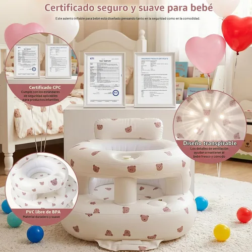 Vista 8 de Asiento inflable para bebé de 3 a 36 meses, silla de bebé con cerca y bomba de aire incorporada, asiento de piso inflable para bebé con soporte