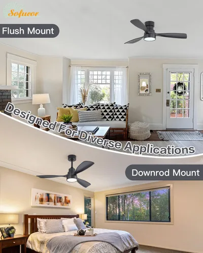Vista 2 de Sofucor Ventiladores de Techo de 48 Pulgadas con Luces y Control Remoto - Ventilador de Techo Moderno de Montaje al Ras y Montaje con Varilla