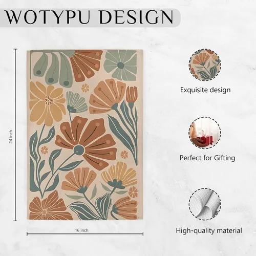 Vista 6 de Groovy - Juego de 2 toallas de cocina vintage bohemias, florales naranjas y verdes, estilo retro de los años 70, diseño botánico botánico