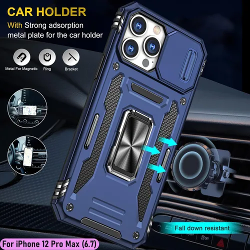Vista 8 de Funda resistente para Apple iPhone 12 Pro Max, protector híbrido de goma de doble capa de grado militar con protector de cámara deslizante, soporte