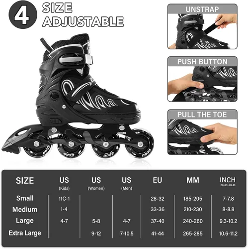 Vista 3 de Patines en línea para niñas y niños de 5 a 8 años, 8 a 12 años, ruedas iluminadas, tamaño ajustable, para niños, adultos, mujeres, exteriores