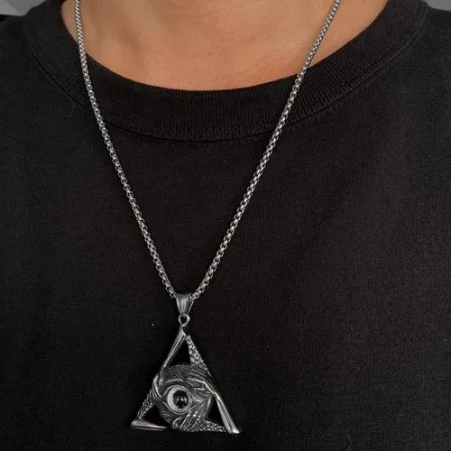 Vista 5 de Collar con dije de ojo malvado vintage de acero inoxidable con forma de triángulo para hombres y mujeres, cadena de 24 pulgadas