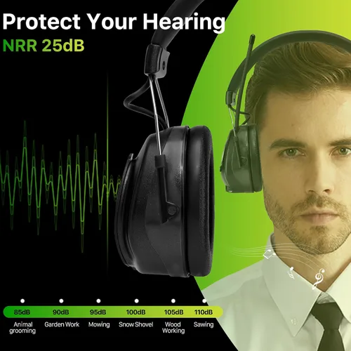 Vista 4 de Cascos protectores de oídos PROTEAR con radio AM/FM, auriculares con reducción de ruido de 25dB, orejeras de seguridad con pantalla digital