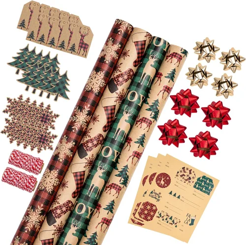 Vista 10 de RUSPEPA Papel de regalo de Navidad, papel kraft – reno, rayas y copos de nieve en diseño azul – 4 rollos – 30 pulgadas x 10 pies por rollo