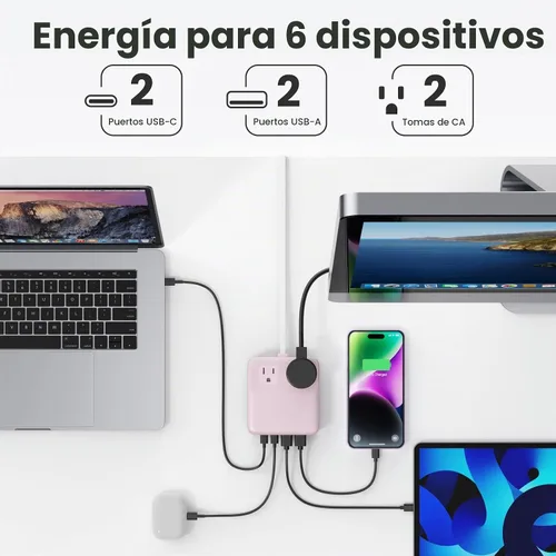 Vista 2 de Estación de carga de 135W con tira de alimentación USB C, bloque cargador USB C GaN 6 en 1 con enchufe y cable de 5 pies, 2 AC, 2 USB-A, 2 USB-C
