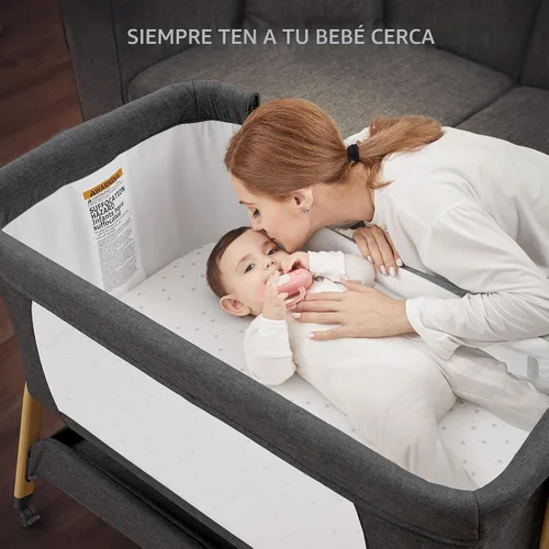 Vista 4 de ANGELBLISS Cuna de bebé 3 en 1, Cunas mecedoras para dormir al lado de la cama con colchón cómodo y ruedas, 6 alturas ajustables, plegable fácil