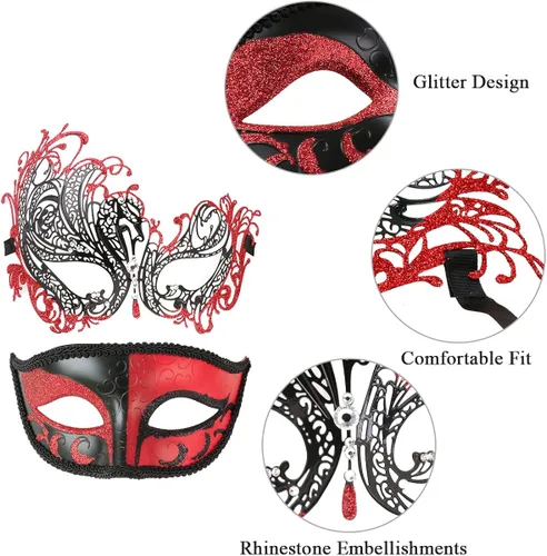 Vista 5 de Máscaras de máscaras para parejas, máscara de Mardi Gras, máscara de fiesta veneciana, máscara de disfraces de Halloween, máscara de metal, paquete