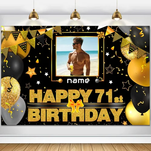 Vista 95 de Cartel decorativo personalizado de feliz cumpleaños número 100 - Personalización disponible - Negro y dorado - Tamaño grande - Admite fotos