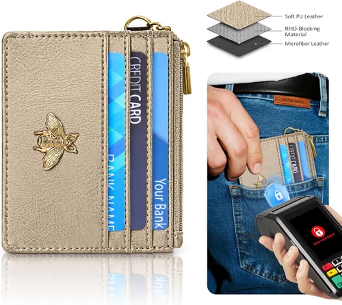 Vista 32 de SEAVILIA Tarjetero llavero cartera para mujer con ventana de identificación RFID monedero regalo abeja delgada minimalista pequeña cartera