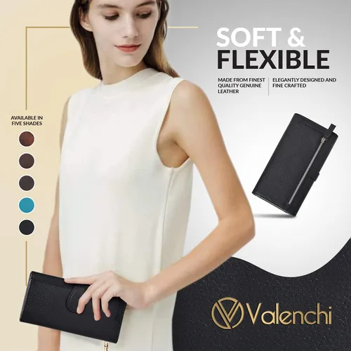 Vista 5 de VALENCHI Cartera de cuero para mujer - Cartera con bloqueo RFID - Bolso de mano tipo clutch para damas con ranuras para tarjetas
