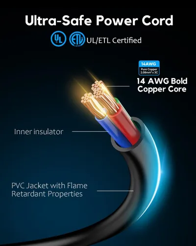 Vista 2 de Cable de alimentación universal de CA resistente con certificación UL 14 AWG 15A 125V (14/3 SJT) Cable de repuesto NEMA 5-15P a IEC C13 (6 pies)