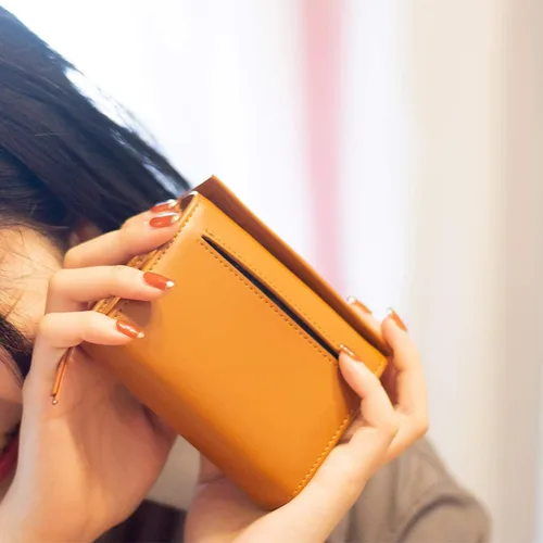 Vista 4 de Cartera en forma de caja de cuero genuino para mujer, monedero de tarjeta de alta capacidad, marrón oscuro
