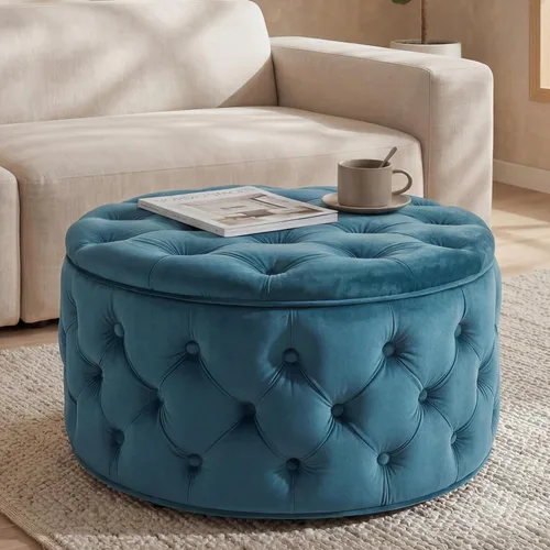 Vista 15 de Homebeez Otomana de Almacenamiento Redonda de Terciopelo de 28 Pulgadas, Taburete Reposapiés con Capitoné de Botones Mesa de Centro para Sala