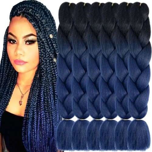 Vista 31 de 3 paquetes de extensiones de cabello sintético para trenzar de color negro a azul, tamaño jumbo ombré, de 24 pulgadas o trenzas de ganchillo