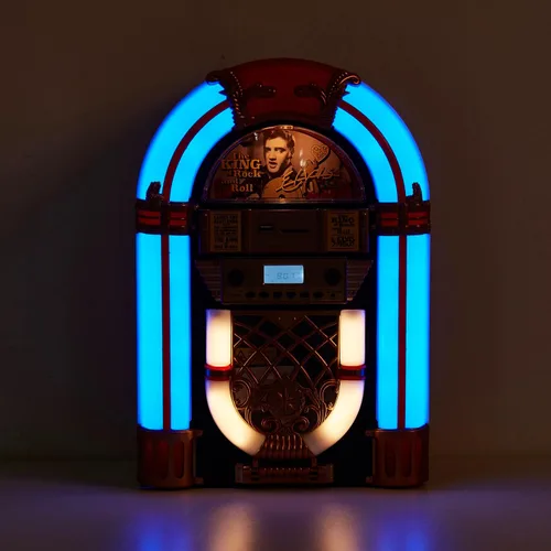Vista 4 de Athena - Mini Jukebox/reproductor de CD de mesa, altavoz Bluetooth, radio/reproductor de tarjetas USB y SD con sistema de iluminación LED retro