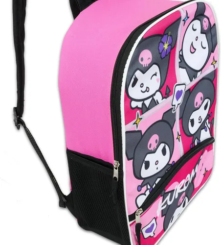 Vista 3 de SANRIO Mochila Kuromi para niños, paquete con bolsa escolar de 16 pulgadas para niñas más botella de agua, tatuajes, más Mochila Kuromi para niños