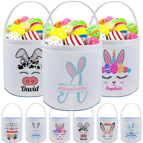 Vista 24 de Cesta de Pascua personalizada con nombre para niños, lona personalizada, cubo de Pascua, regalo para niños y niñas