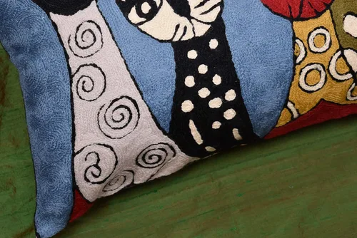 Vista 6 de Funda de almohada lumbar Picasso - Cojín abstracto de gatitos azules - Lana bordada a mano tamaño 14 x 20