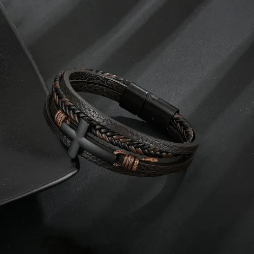Vista 2 de Pulsera de cuero para hombre con cruz de fe trenzada de múltiples capas, pulsera religiosa para hombres y mujeres