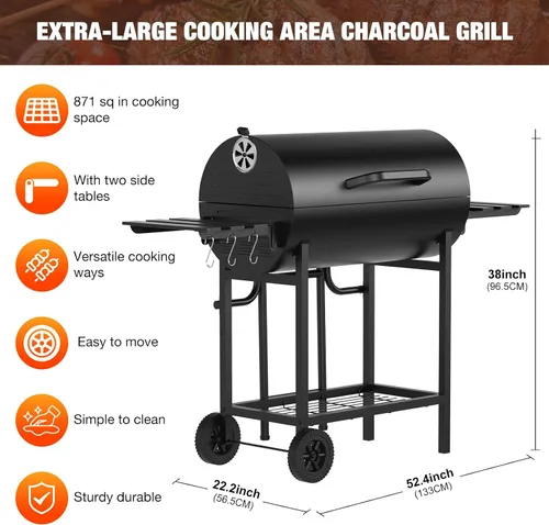 Vista 2 de Parrilla de barbacoa de carbón extragrande, 871 pulgadas cuadradas, espacio de cocción, parrilla de barbacoa de barril al aire libre con 2 mesas