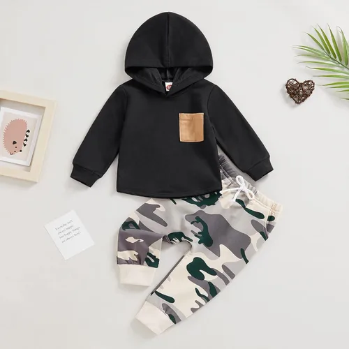 Vista 79 de Ropa de bebé niño 3 6 9 12 18 24M 3T Conjunto de pantalones con capucha patchwork sudadera con capucha pantalones de rayas traje de otoño invierno