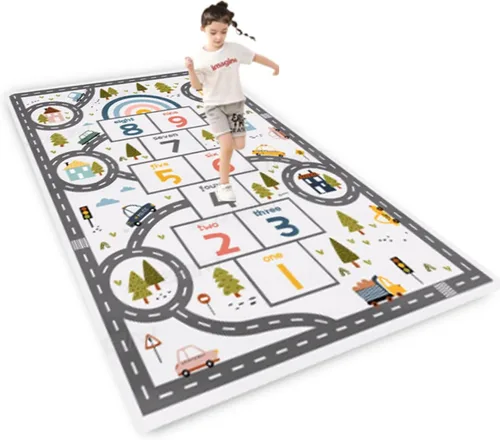 Vista 11 de Alfombra Hopscotch para niños, divertida alfombra de juego educativo, antideslizante para aprendizaje de números, alfombra de guardería para sala